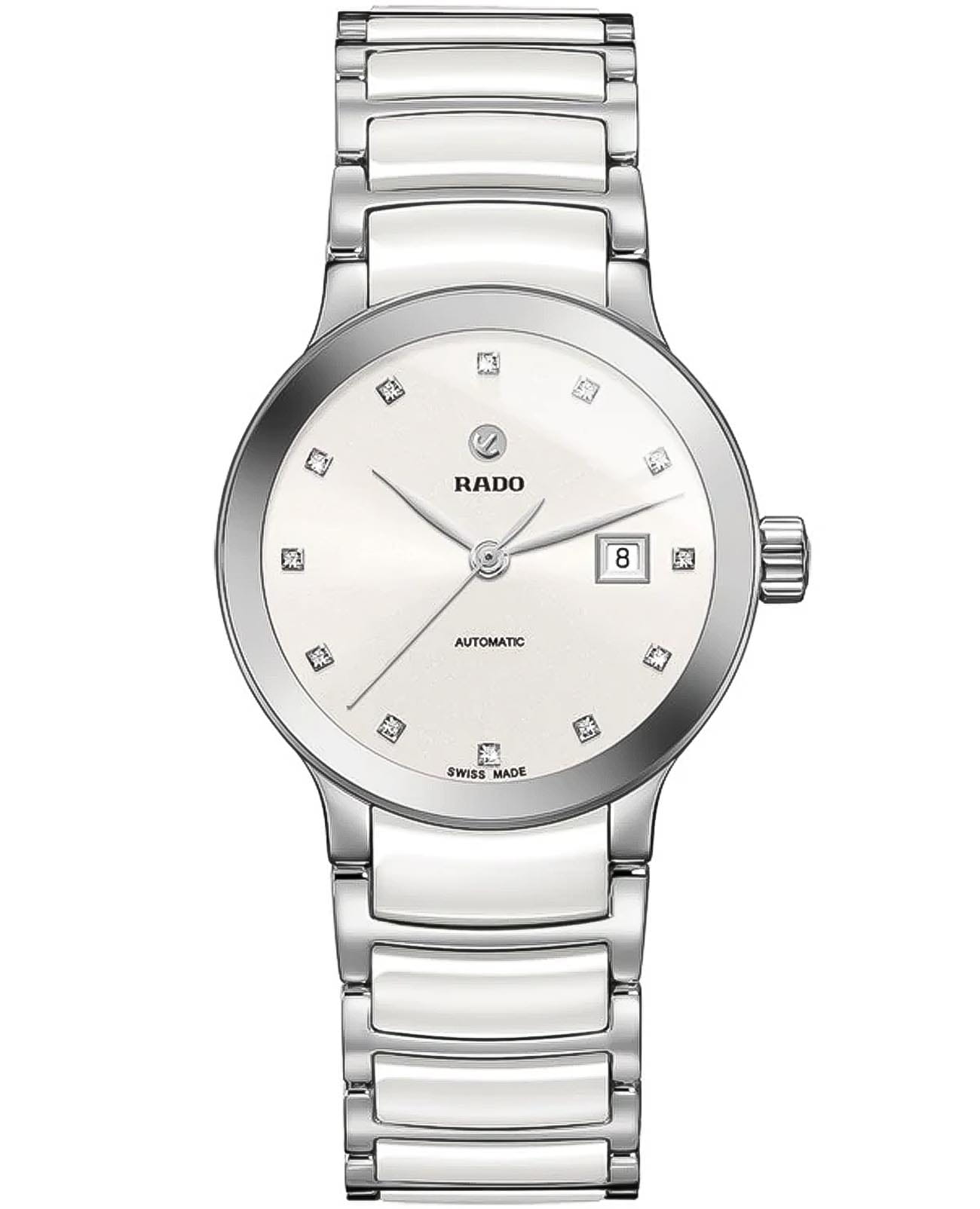 Rado Rado Centrix Automatic Diamonds R30027732 Automatic R30027732 механические женские часы белый циферблат, браслет сталь + высокотехнологичная керамика — вид спереди