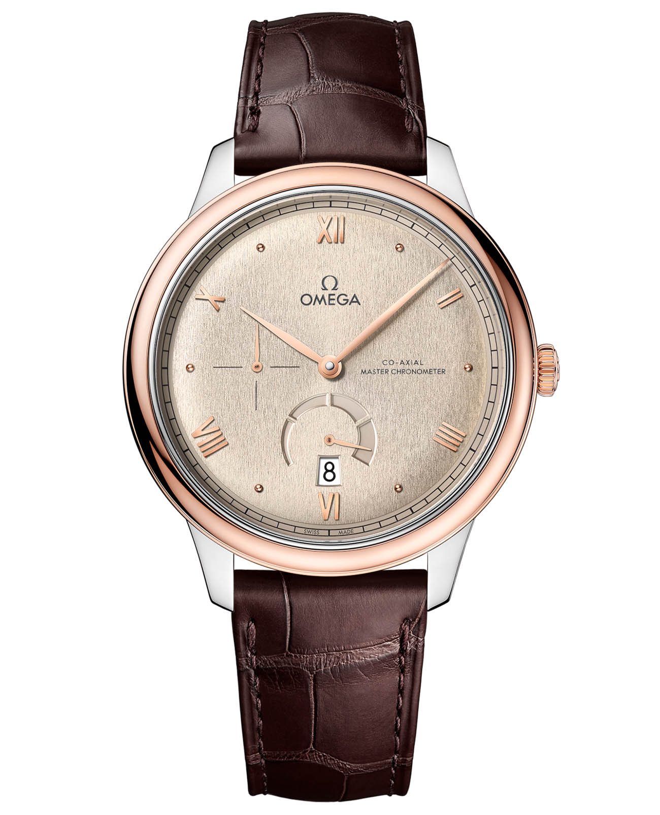 Omega Omega De Ville Prestige 434.23.41.21.09.001 Prestige 43423412109001 механические мужские часы бежевый циферблат, браслет кожаный — вид спереди