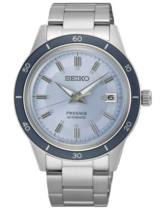 Seiko Seiko Presage SRPL19J1  SRPL19J1 механические мужские часы голубой циферблат, браслет нержавеющая сталь — вид спереди