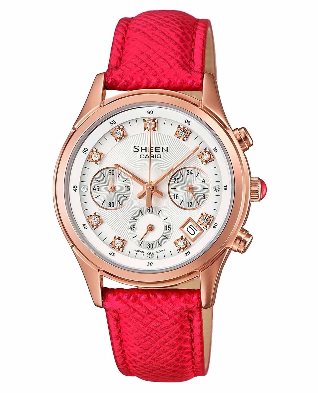 Casio Casio Sheen SHE-5023GL-7B  SHE-5023GL-7B кварцевые женские часы белый циферблат, браслет кожаный — вид спереди