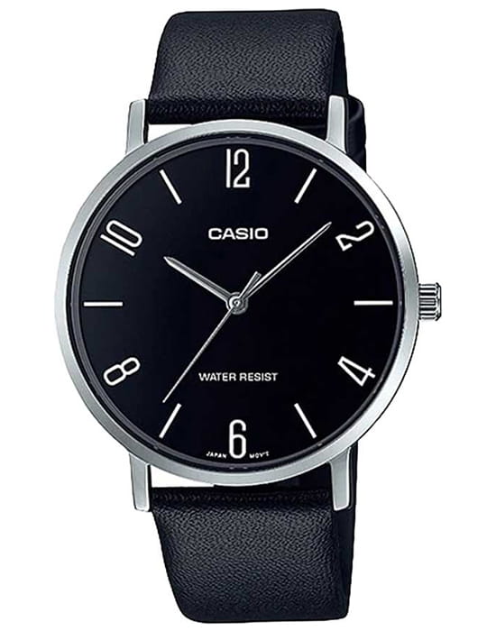 Casio Casio Collection MTP-VT01L-1B2UDF (MTP-VT01L-1B2)  MTP-VT01L-1B2 кварцевые мужские часы черный циферблат, браслет кожаный — вид спереди
