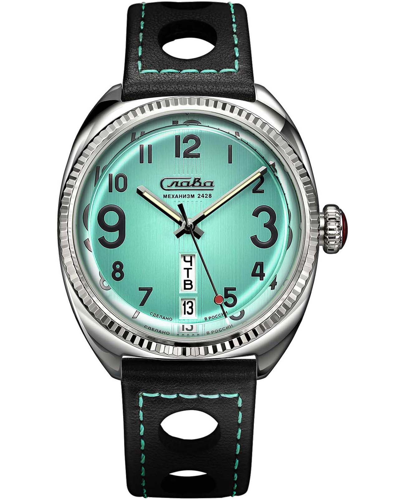 Слава Слава х Про Часы 0930556/300-2428  0930556/300-2428 механические мужские часы голубой циферблат, браслет кожаный — вид спереди