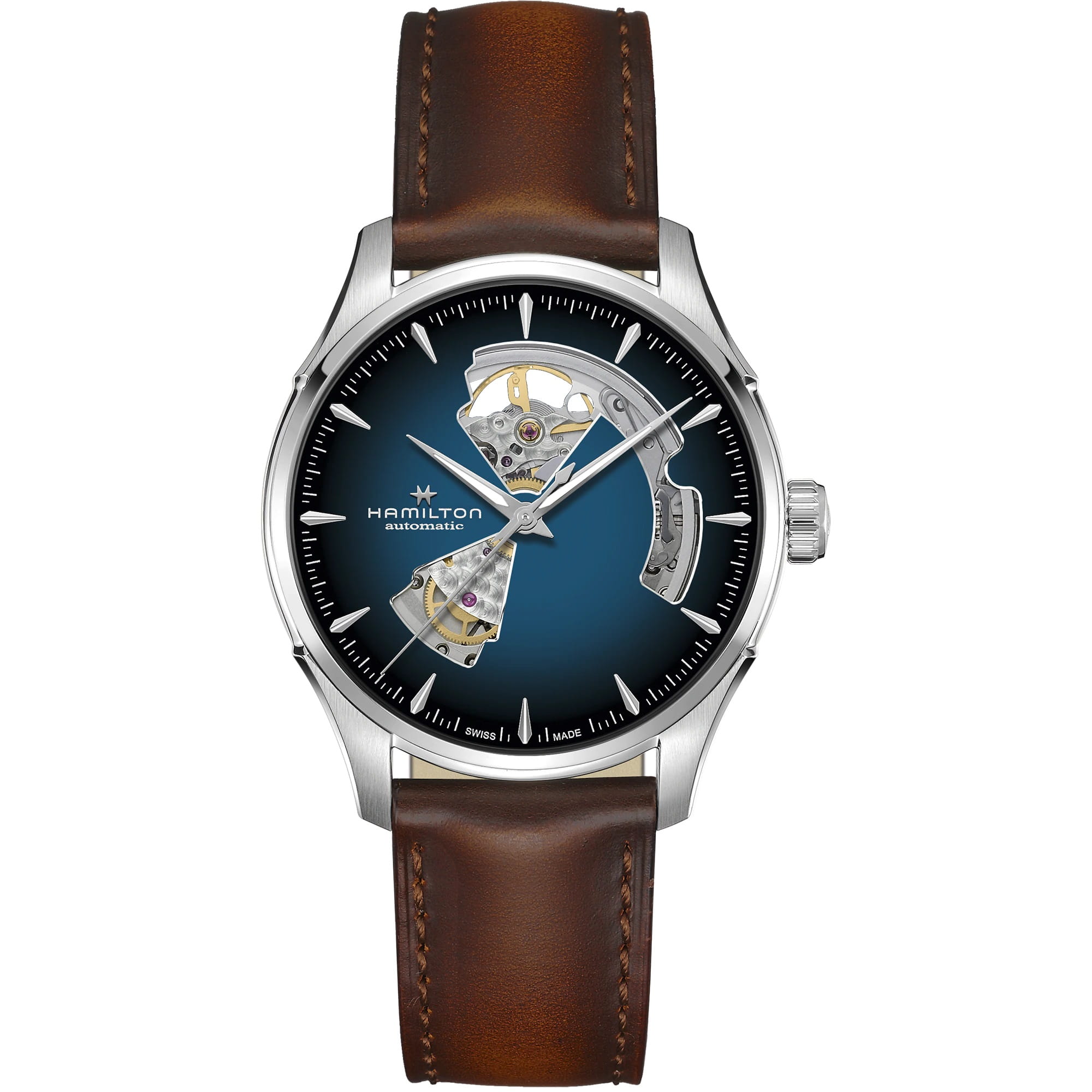 Hamilton Hamilton Jazzmaster Open Heart Auto H32675540  H32675540 механические мужские часы синий циферблат, браслет кожаный — вид спереди