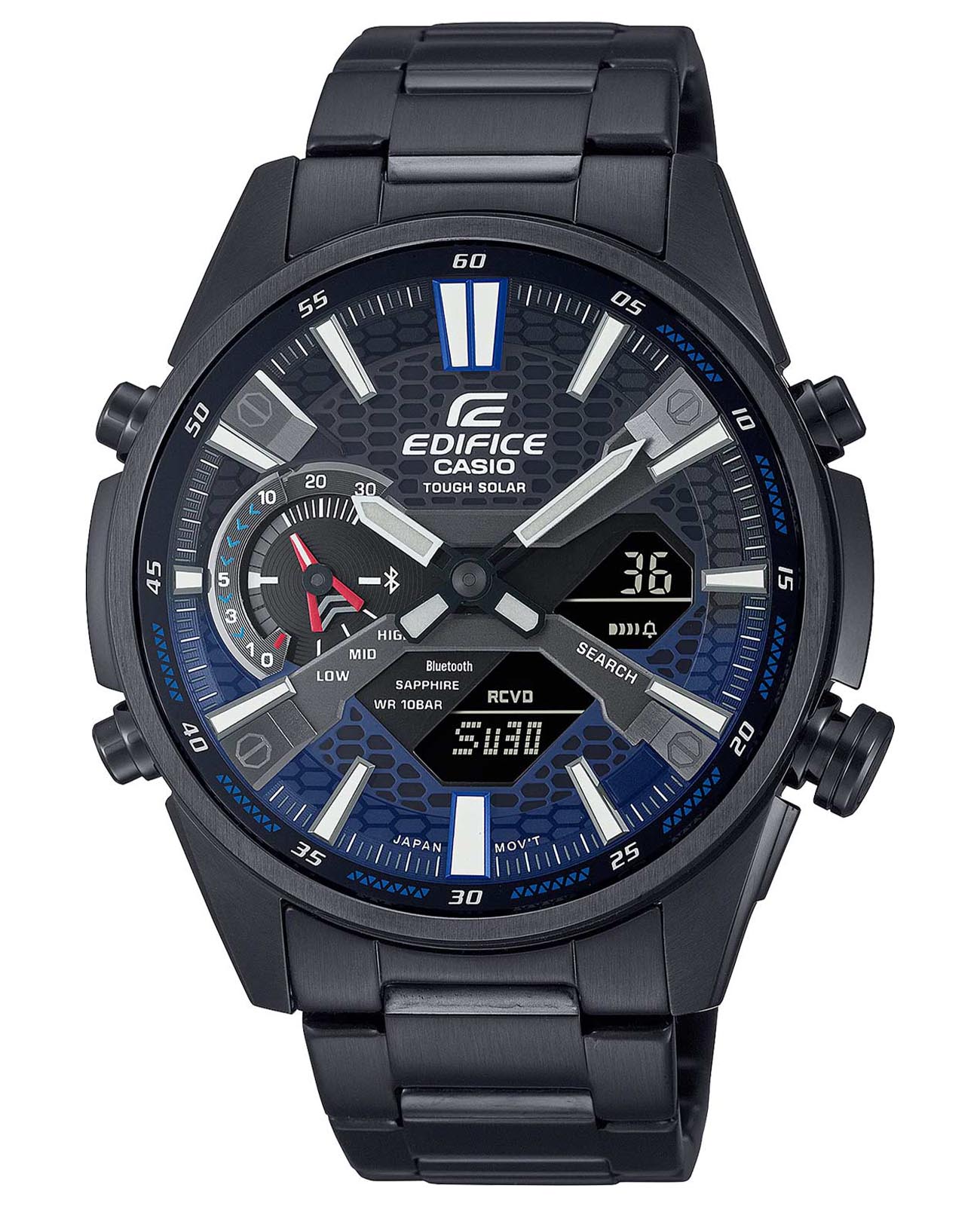 Casio Casio Edifice ECB-S100DC-2A ECB ECB-S100DC-2A кварцевые мужские часы черный циферблат, браслет нержавеющая сталь — вид спереди