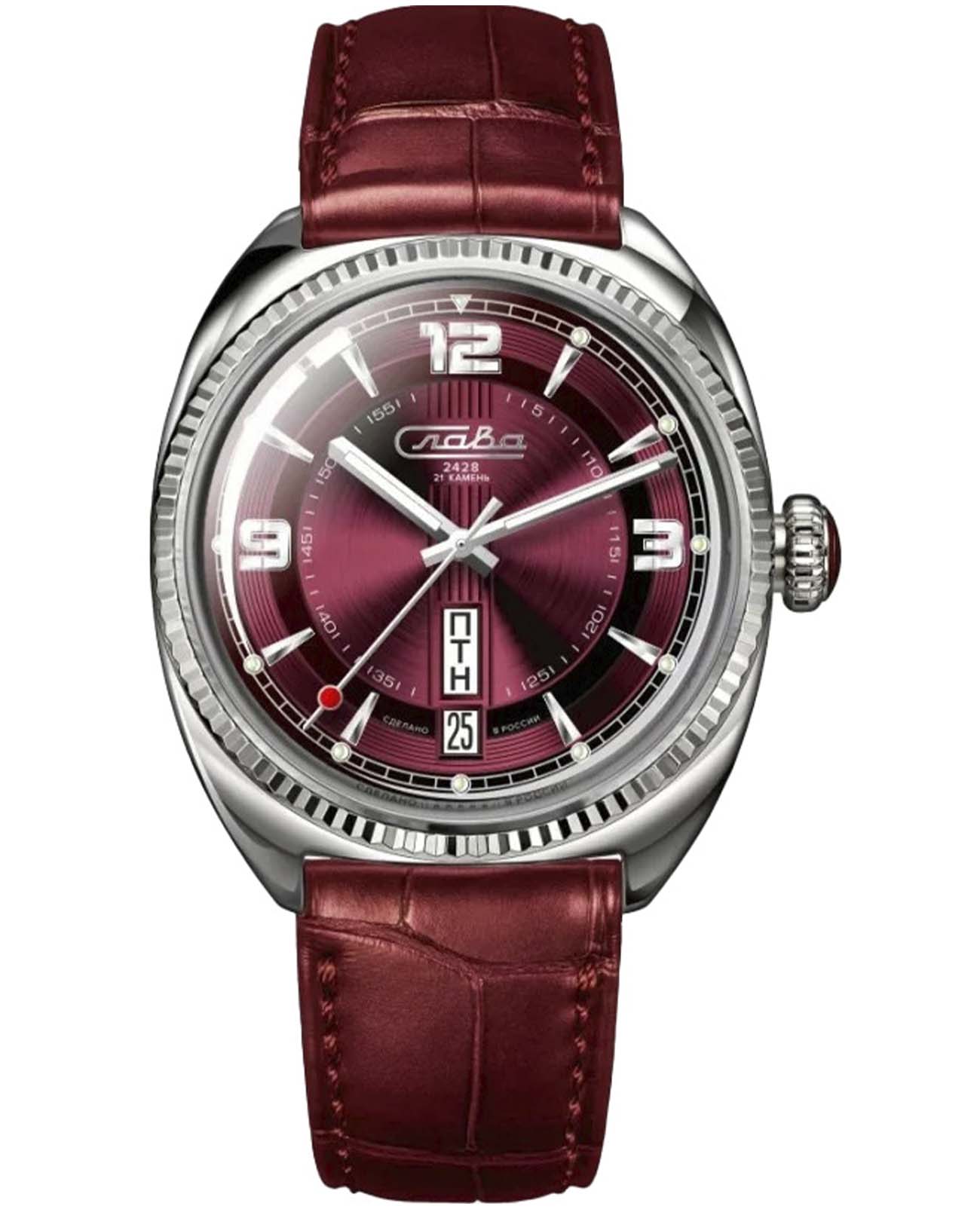 Слава Слава Глория 0930552/300-2428  0930552/300-2428 механические мужские часы красный циферблат, браслет кожаный — вид спереди