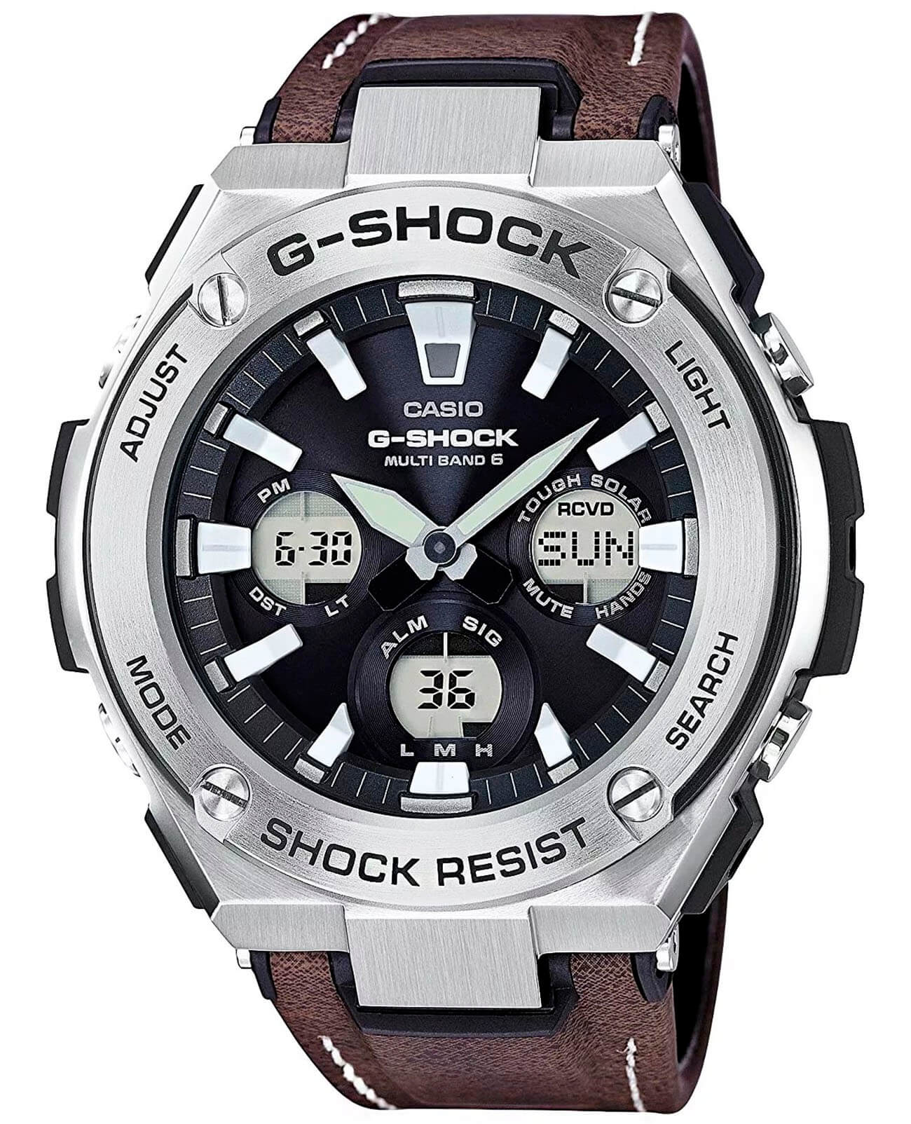 Casio Casio G-Shock GST-W130L-1A GST G-Steel GST-W130L-1A электронные мужские часы черный циферблат, браслет кожаный — вид спереди
