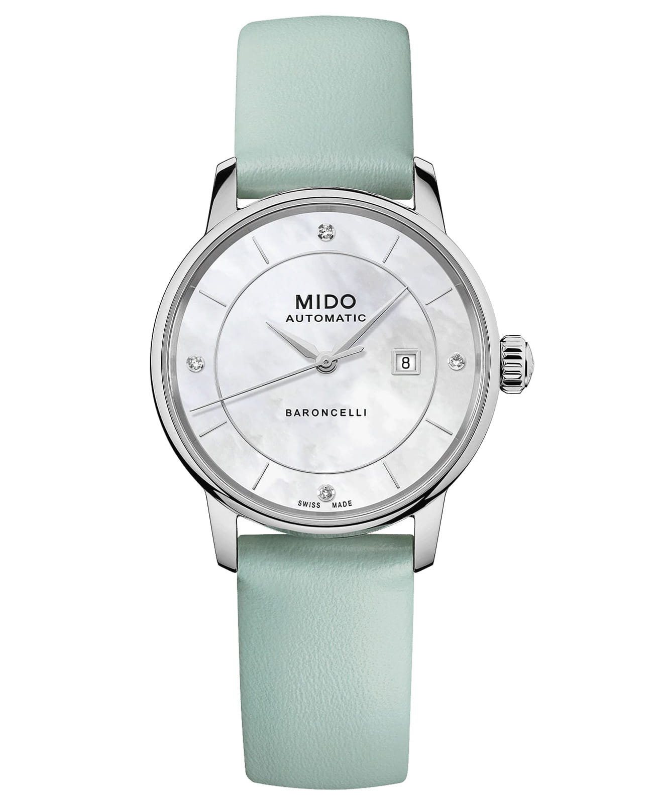 Mido Mido Baroncelli Signature Lady Colours M037.207.16.106.00  M0372071610600 механические женские часы серебристый циферблат, браслет кожаный — вид спереди