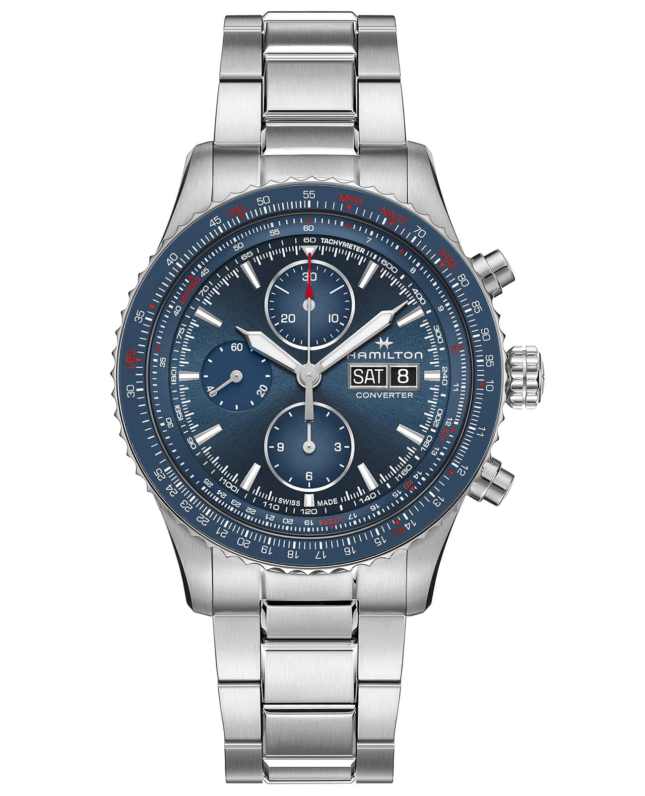 Hamilton Hamilton Khaki Aviation Converter Auto Chrono H76746140  H76746140 механические мужские часы синий циферблат, браслет нержавеющая сталь — вид спереди