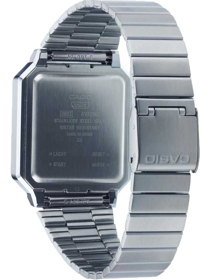 Casio Casio Vintage A100WE-7BDF (A100WE-7B), vintage япония мужские часы на браслете нержавеющая сталь боковой вид