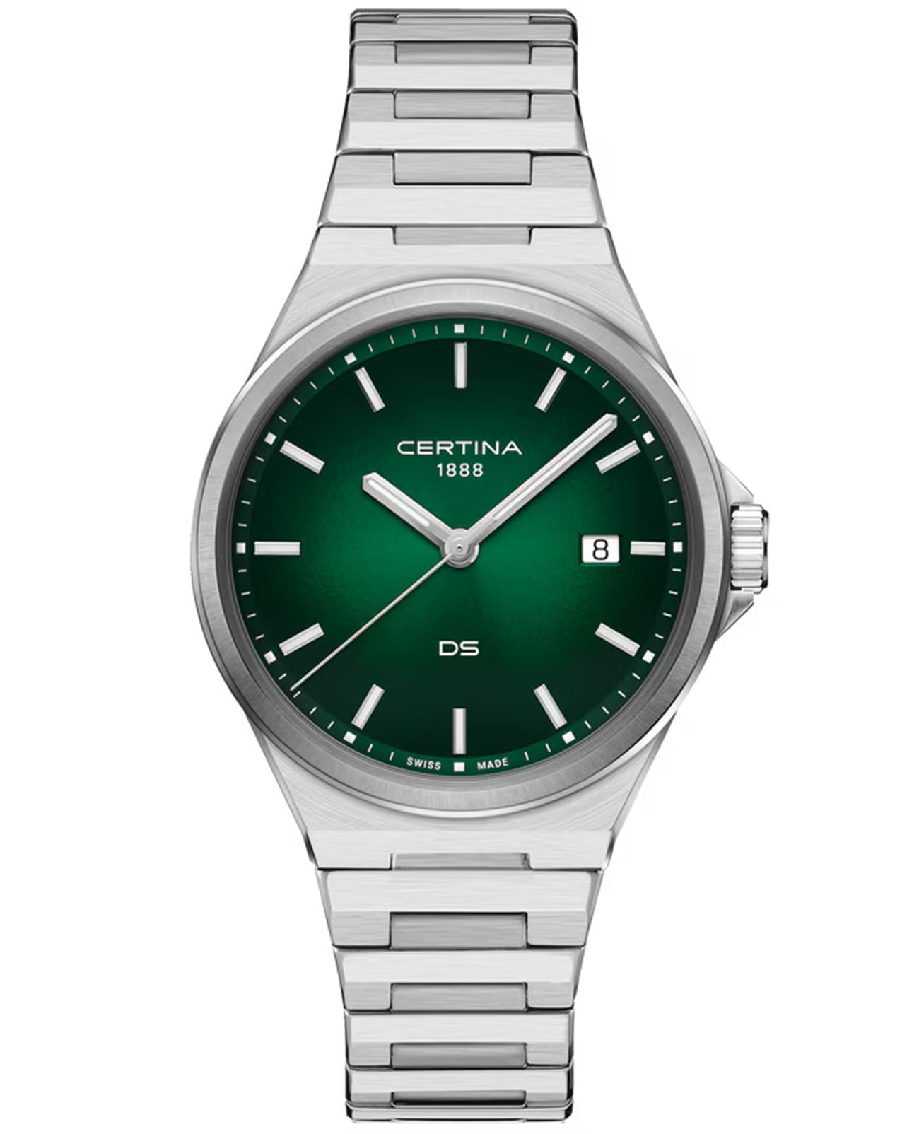 Certina Certina DS-7 Quartz C043.410.11.091.00  C0434101109100 кварцевые мужские часы зеленый циферблат, браслет нержавеющая сталь — вид спереди