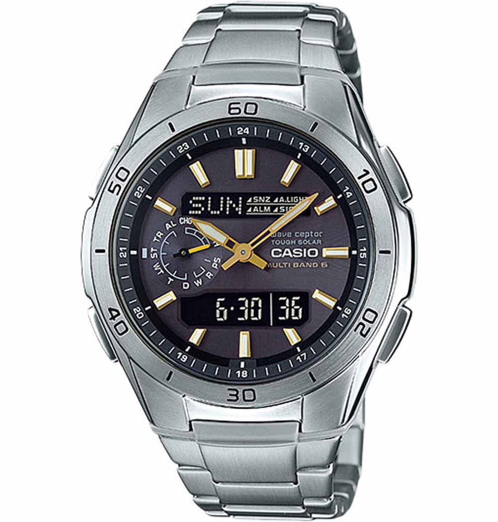 Casio CASIO WAVE CEPTOR WVA-M650D-1A2  WVA-M650D-1A2 кварцевые мужские часы серый циферблат, браслет нержавеющая сталь — вид спереди