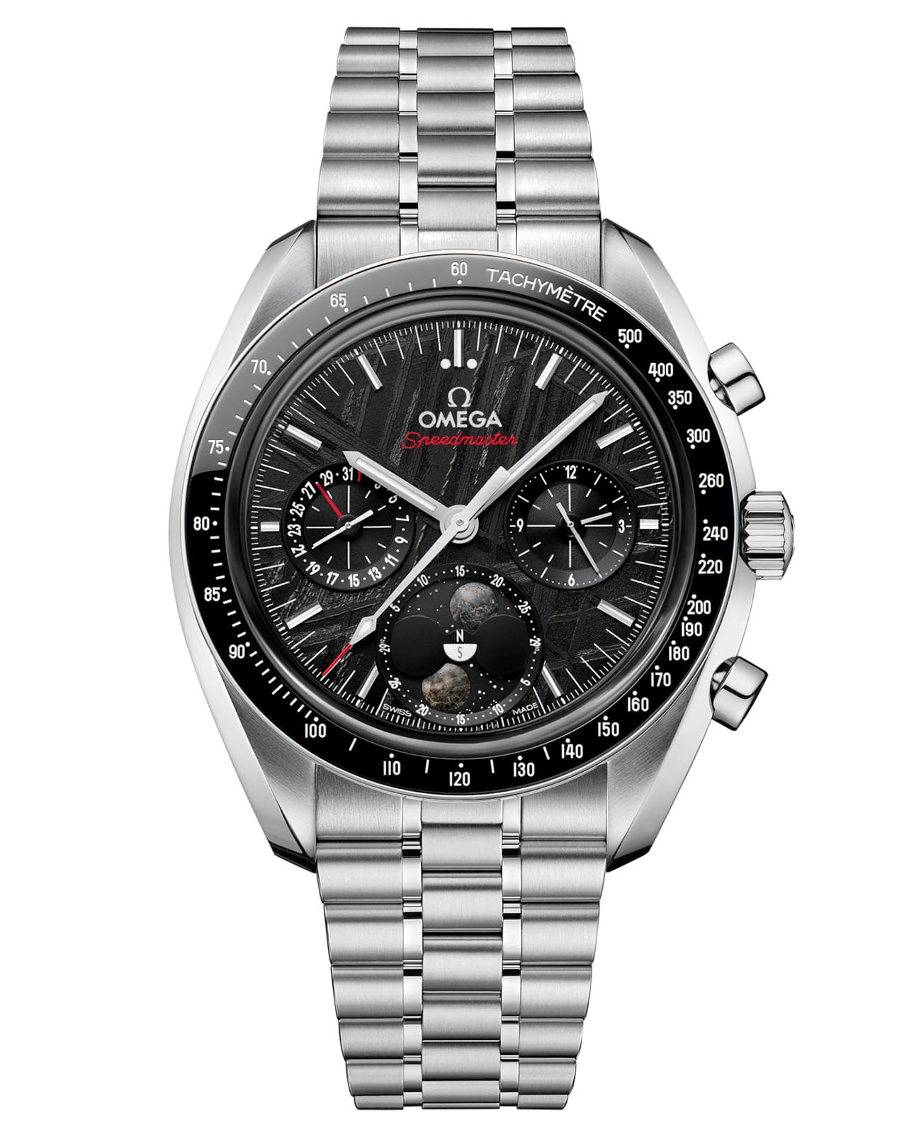 Omega Omega Speedmaster Moonphase 304.30.43.52.01.001   30430435201001 механические мужские часы черный циферблат, браслет нержавеющая сталь — вид спереди