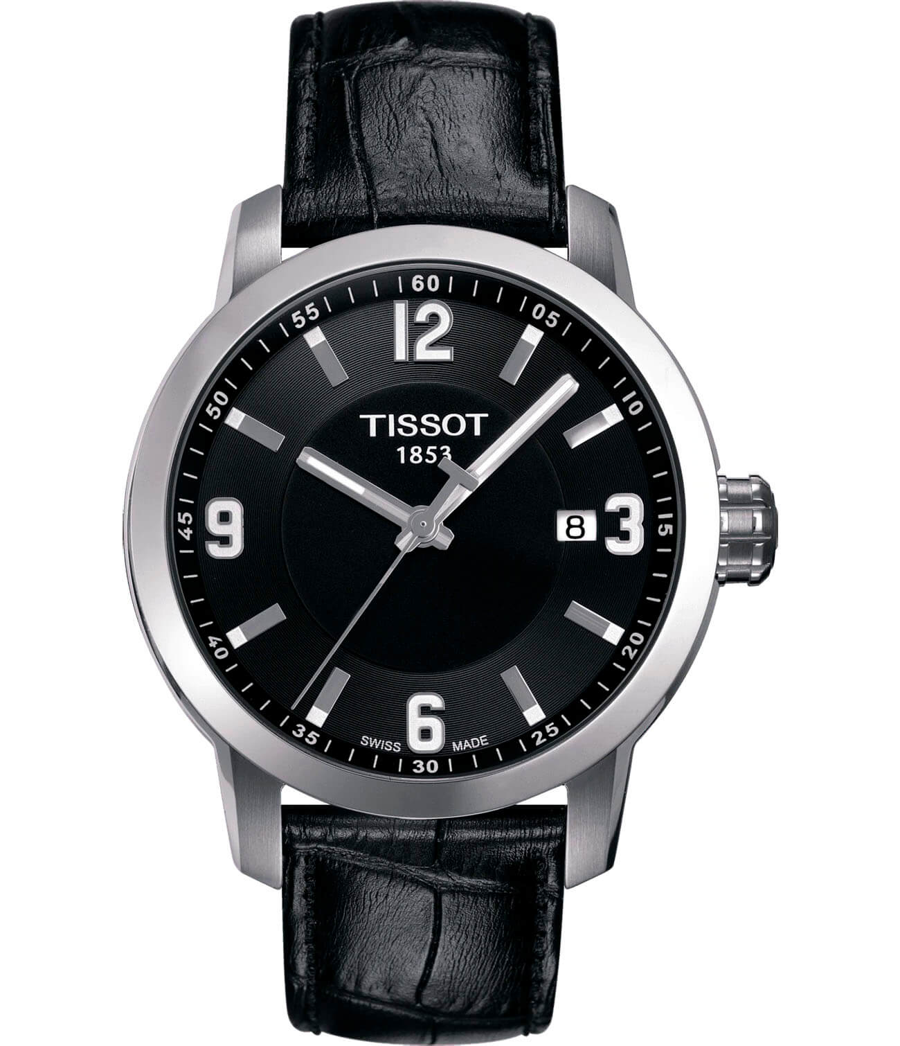 Tissot Tissot PRC 200 T055.410.16.057.00 PRC 200 T0554101605700 кварцевые мужские часы черный циферблат, браслет кожаный — вид спереди