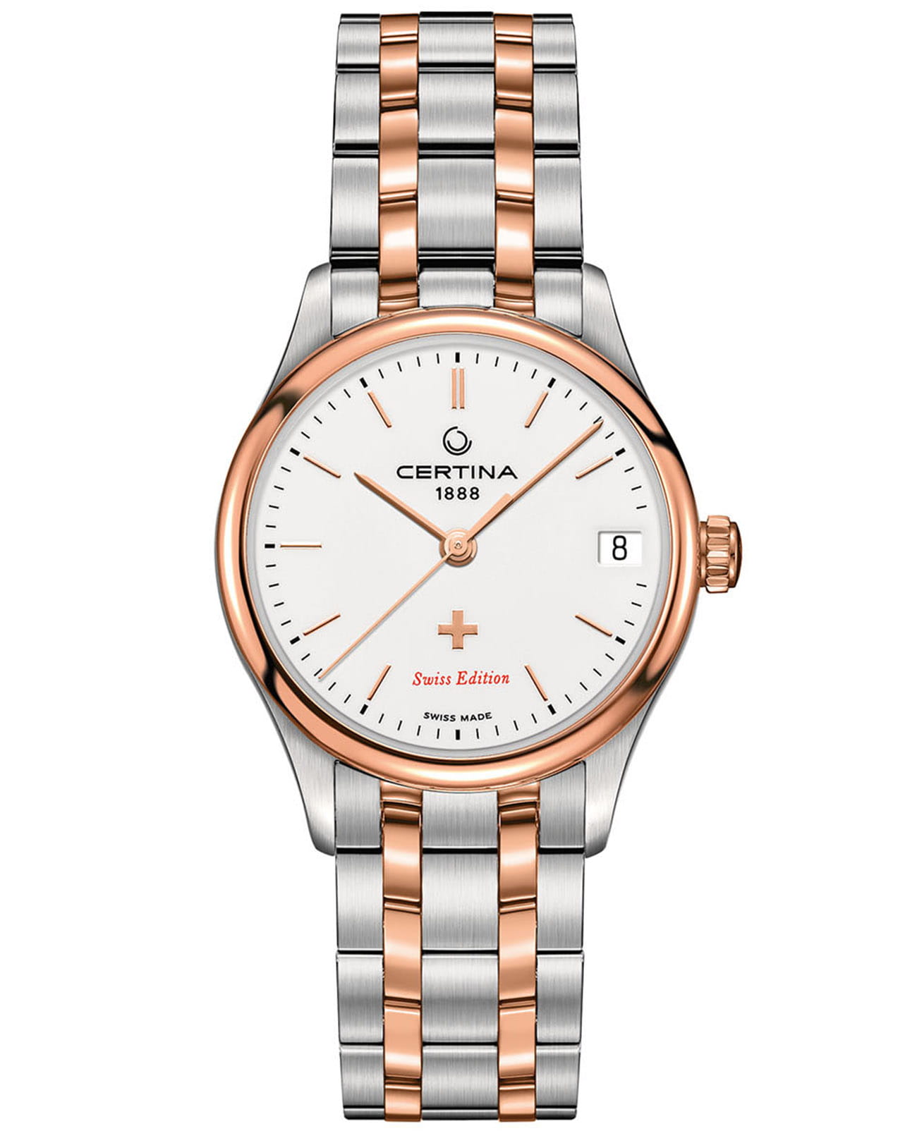 Certina Certina DS-8 Lady Powermatic 80 C033.207.22.011.00 DS 8 C0332072201100 механические женские часы белый циферблат, браслет нержавеющая сталь с pvd-покрытием — вид спереди