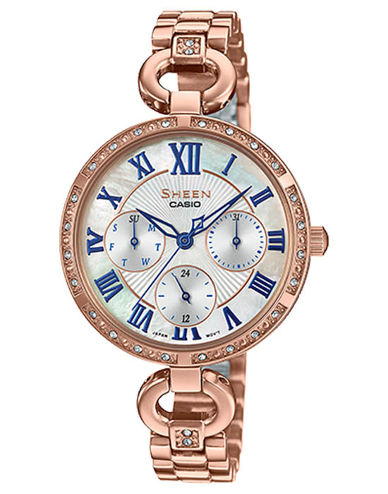 Casio Casio Sheen SHE-3067PG-7A  SHE-3067PG-7A кварцевые женские часы белый циферблат, браслет сталь с ip покрытием — вид спереди