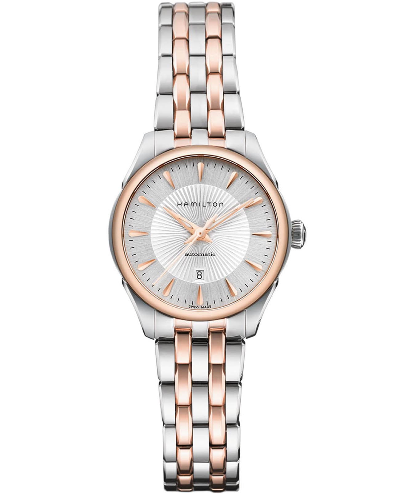 Hamilton Hamilton Jazzmaster Lady Auto H42225151  H42225151 механические женские часы белый циферблат, браслет нержавеющая сталь с pvd-покрытием — вид спереди