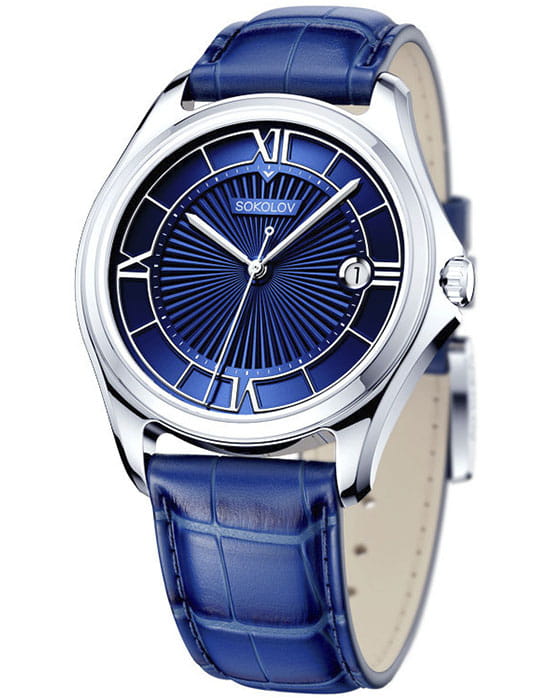 Sokolov 135.30.00.000.03.02.3  135.30.00.000.03.02.3 кварцевые мужские часы синий циферблат, браслет кожаный — вид спереди