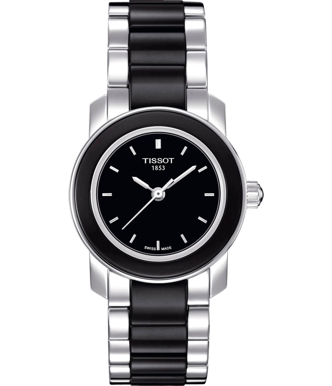 Tissot Tissot Cera T064.210.22.051.00  T0642102205100 кварцевые женские часы черный циферблат, браслет сталь + керамические вставки — вид спереди