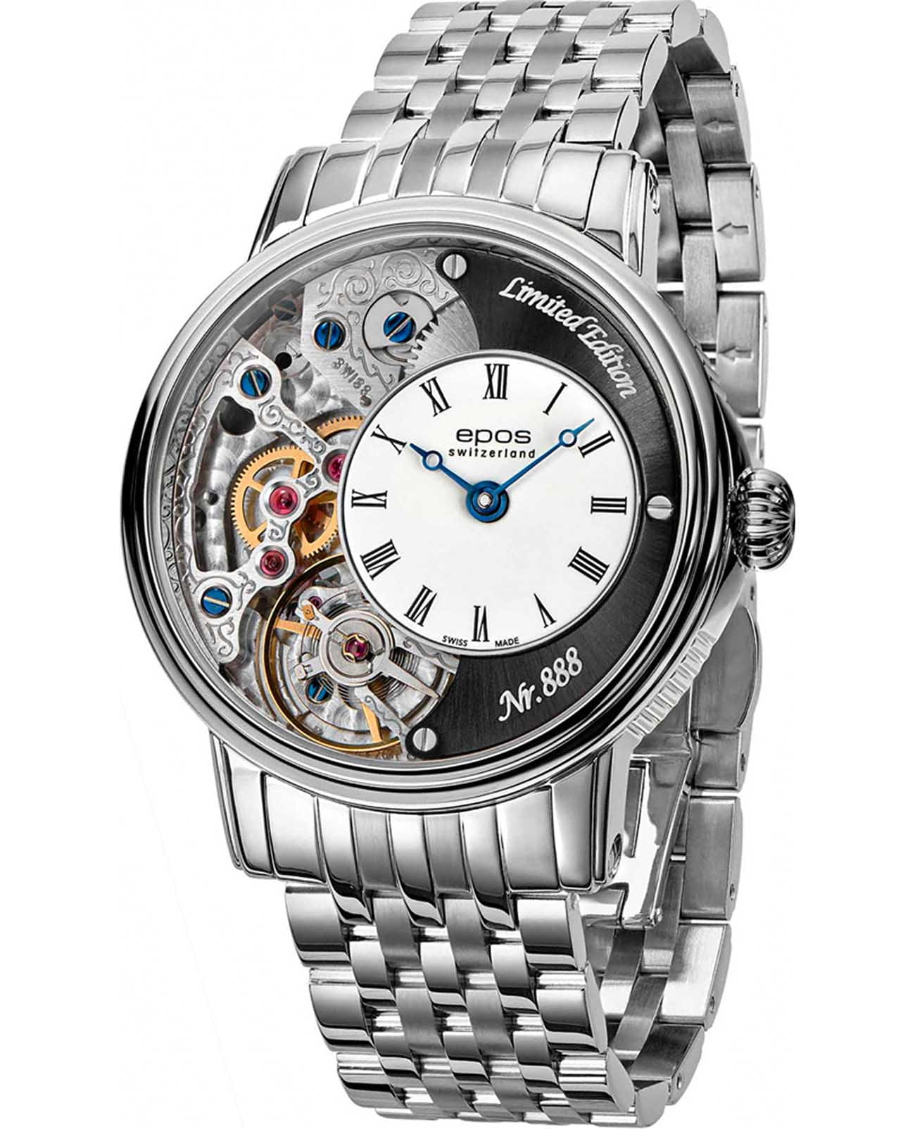 Epos Epos Oeuvre d'art Limited Edition 3435.313.20.25.30  3435.313.20.25.30 механические мужские часы белый циферблат, браслет нержавеющая сталь — вид спереди