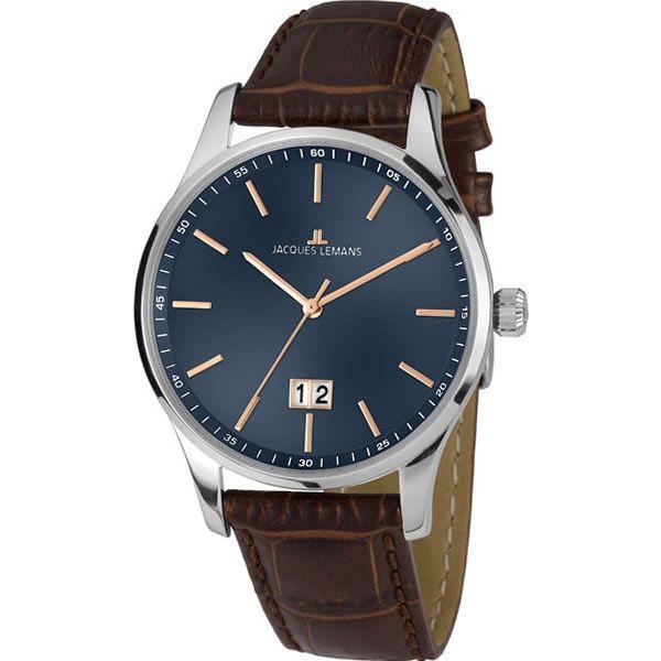 Jacques Lemans Jacques Lemans 1-1862C  1-1862C кварцевые мужские часы синий циферблат, браслет кожаный — вид спереди