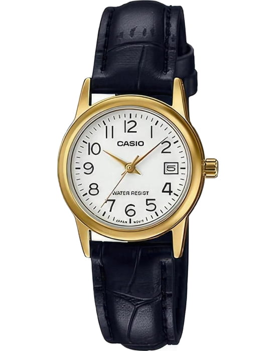 Casio Casio Collection LTP-V002GL-7B2  LTP-V002GL-7B2 кварцевые женские часы белый циферблат, браслет кожаный — вид спереди