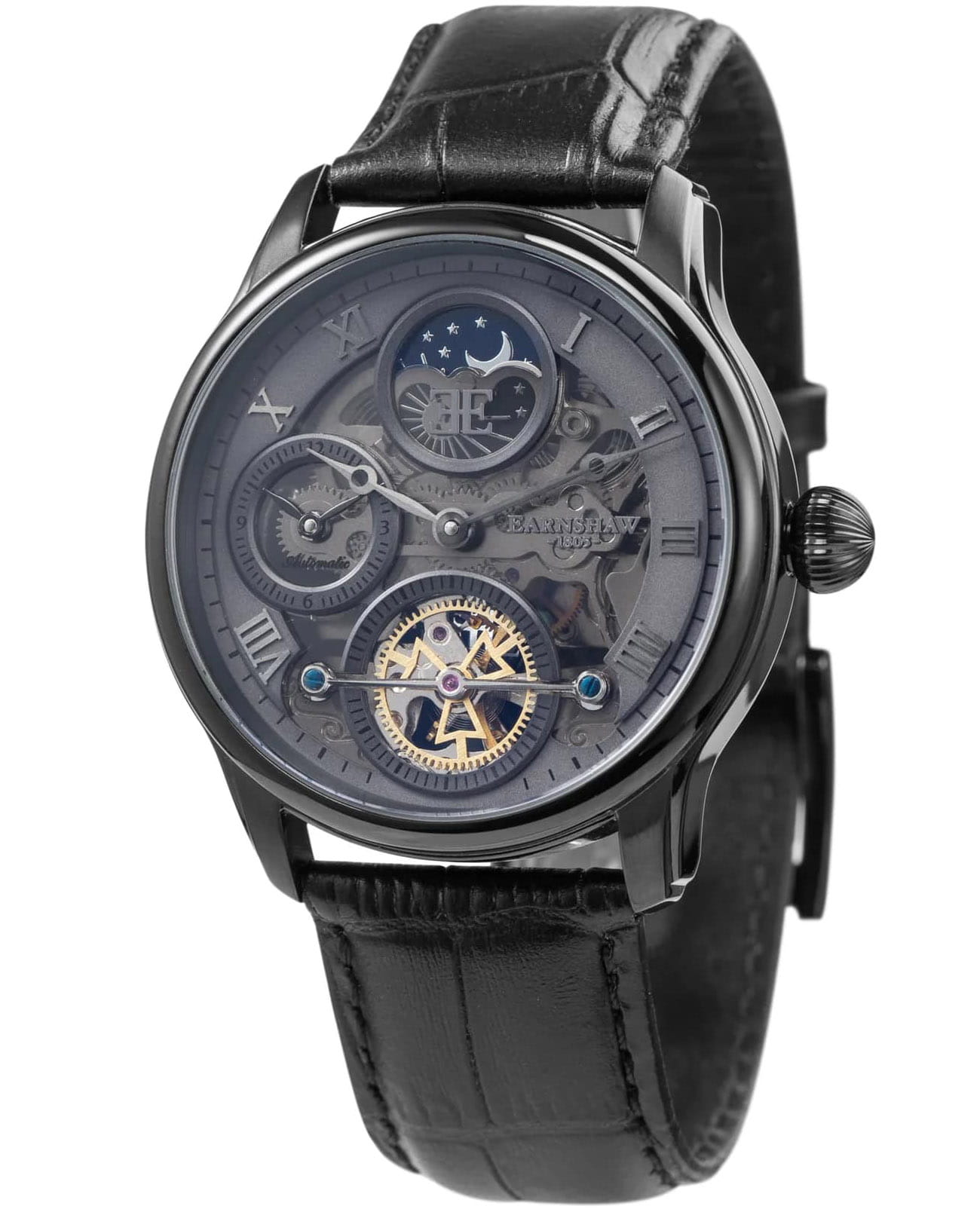 Earnshaw Earnshaw Longitude ES-8063-03  ES-8063-03 механические мужские часы черный циферблат, браслет кожаный — вид спереди