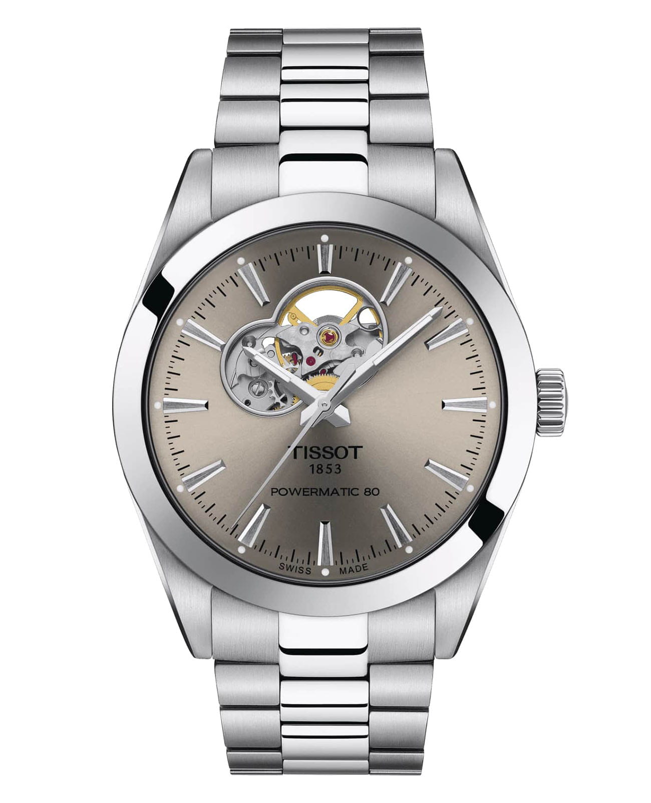 Tissot Tissot Gentleman Powermatic 80 Silicium T127.407.11.081.00 Gentleman T1274071108100 механические мужские часы серый циферблат, браслет нержавеющая сталь — вид спереди