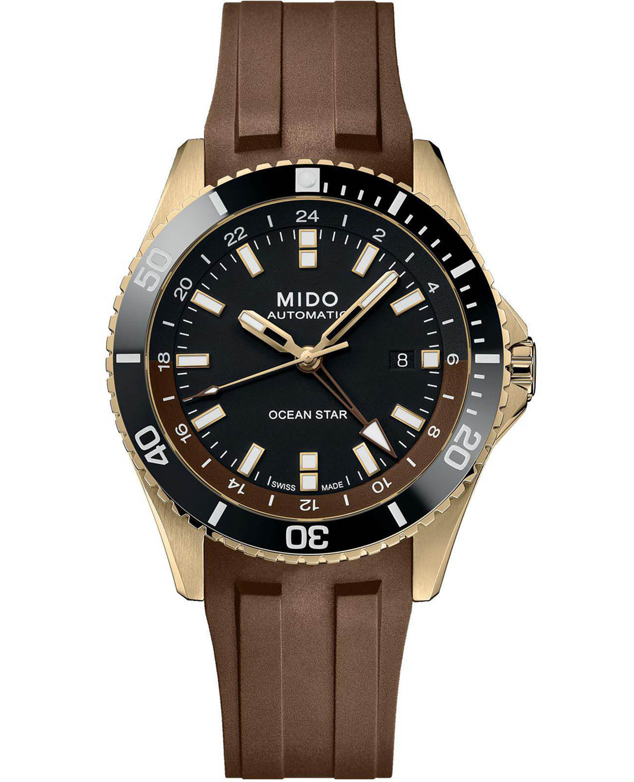 Mido Mido Ocean Star GMT M026.629.37.291.00  M0266293729100 механические мужские часы черный циферблат, браслет каучук — вид спереди