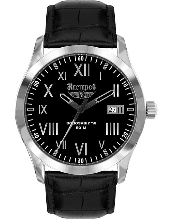 Нестеров Нестеров H0959F02-03E  H0959F02-03E кварцевые мужские часы черный циферблат, браслет кожаный — вид спереди
