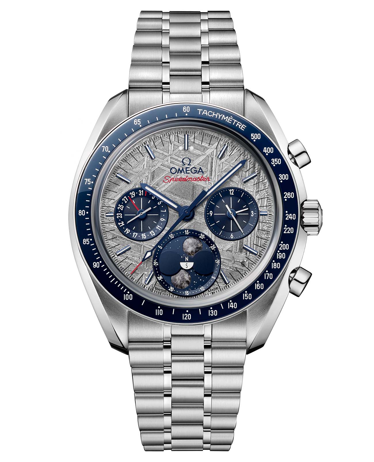 Omega Omega Speedmaster Moonphase 304.30.43.52.06.001  30430435206001 механические мужские часы серый циферблат, браслет нержавеющая сталь — вид спереди