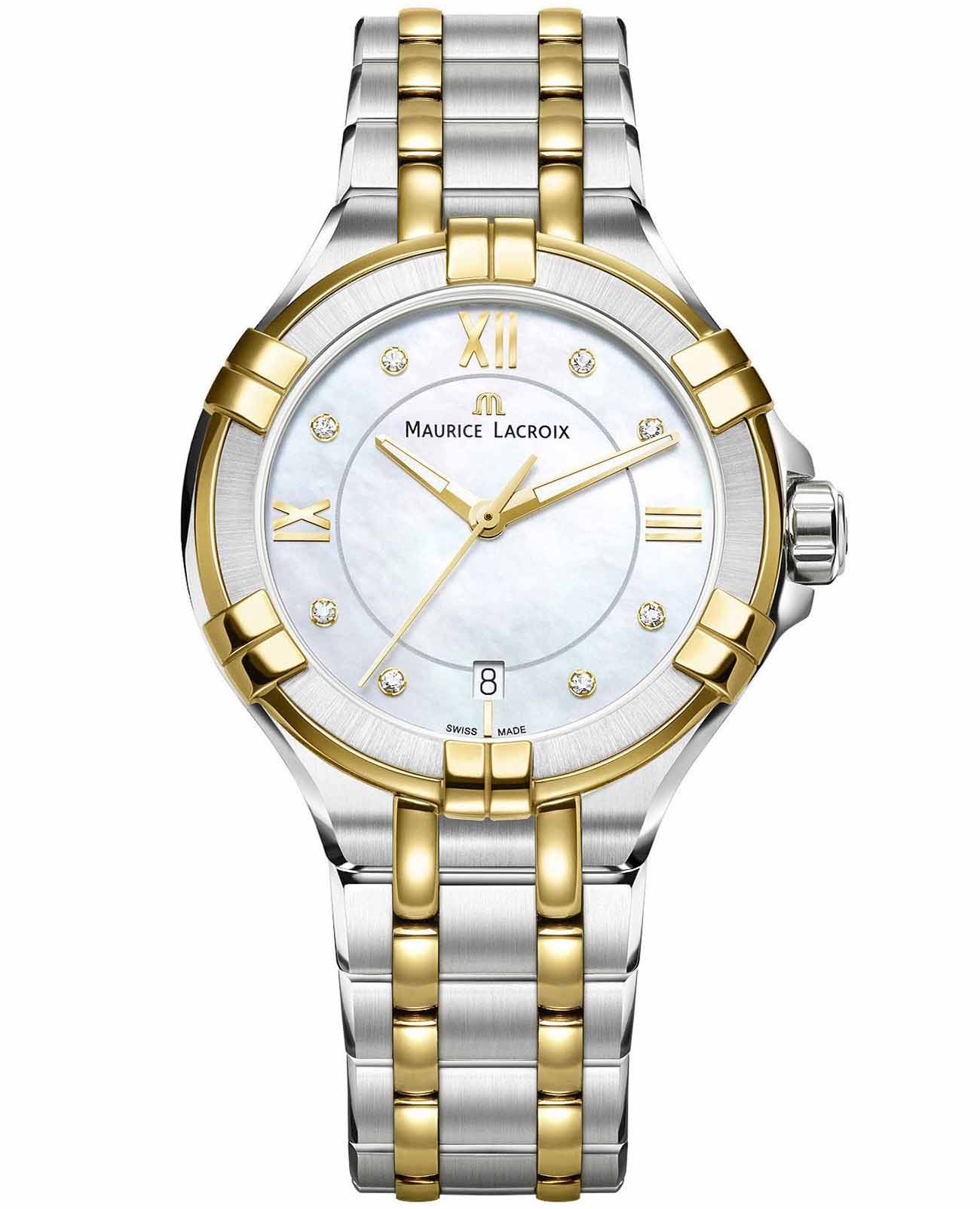 Maurice Lacroix Maurice Lacroix Aikon Date AI1006-PVY13-171-1  AI1006-PVY13-171-1 кварцевые женские часы перламутровый циферблат, браслет сталь c pvd покрытием — вид спереди