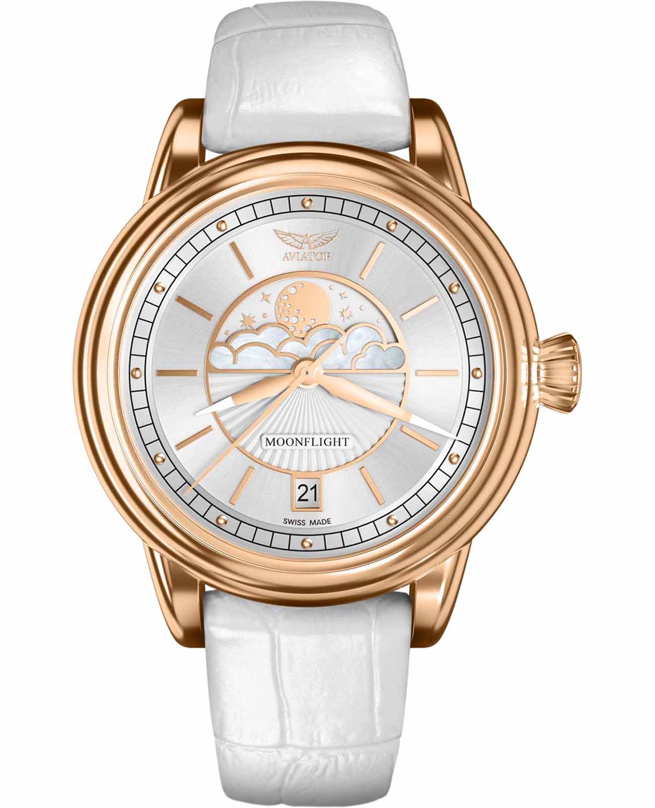 Aviator Aviator Douglas MoonFlight V.1.33.2.251.4  V.1.33.2.251.4 кварцевые женские часы красный циферблат, браслет кожаный — вид спереди