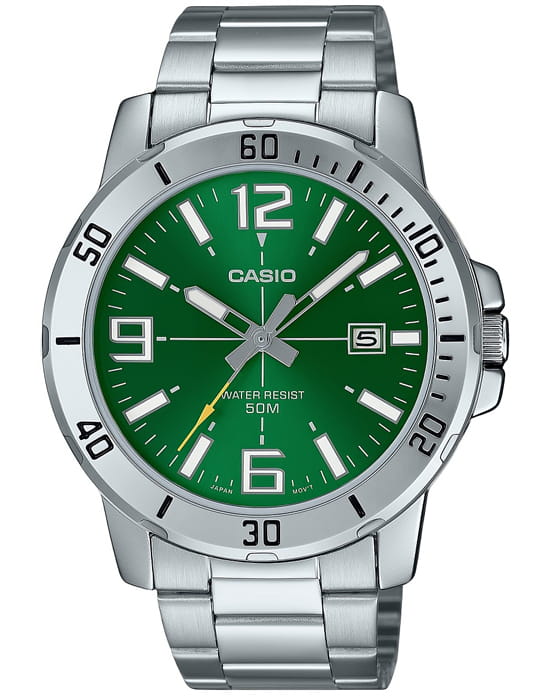 Casio Casio Collection MTP-VD01D-3B  MTP-VD01D-3B кварцевые мужские часы зеленый циферблат, браслет нержавеющая сталь — вид спереди