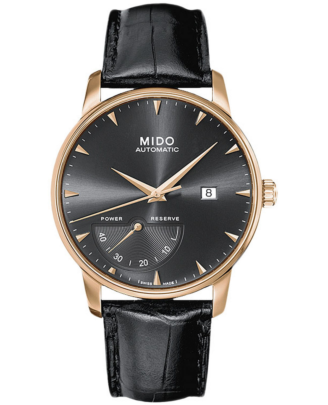 Mido Mido Baroncelli M8605.3.13.4  M86053134 механические мужские часы черный циферблат, браслет кожаный — вид спереди