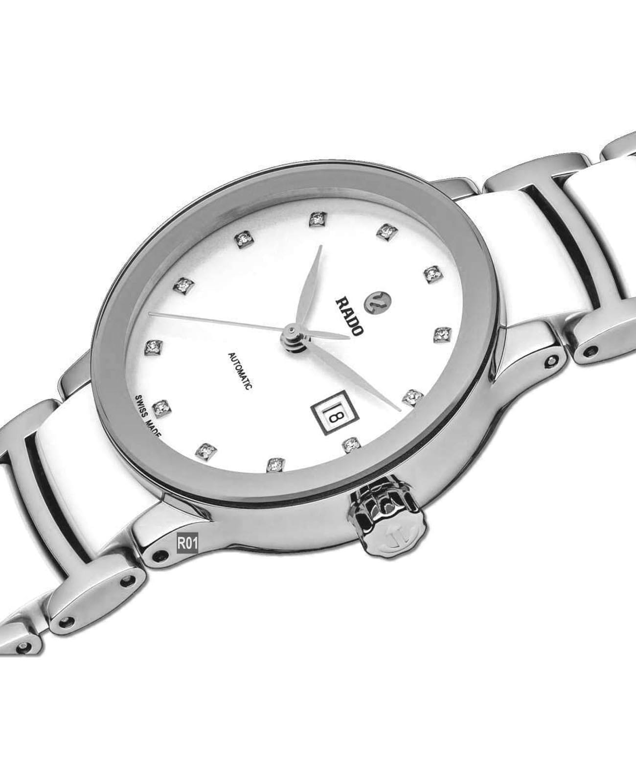 Rado Rado Centrix Automatic Diamonds R30027732, centrix швейцария женские часы на браслете сталь + высокотехнологичная керамика боковой вид