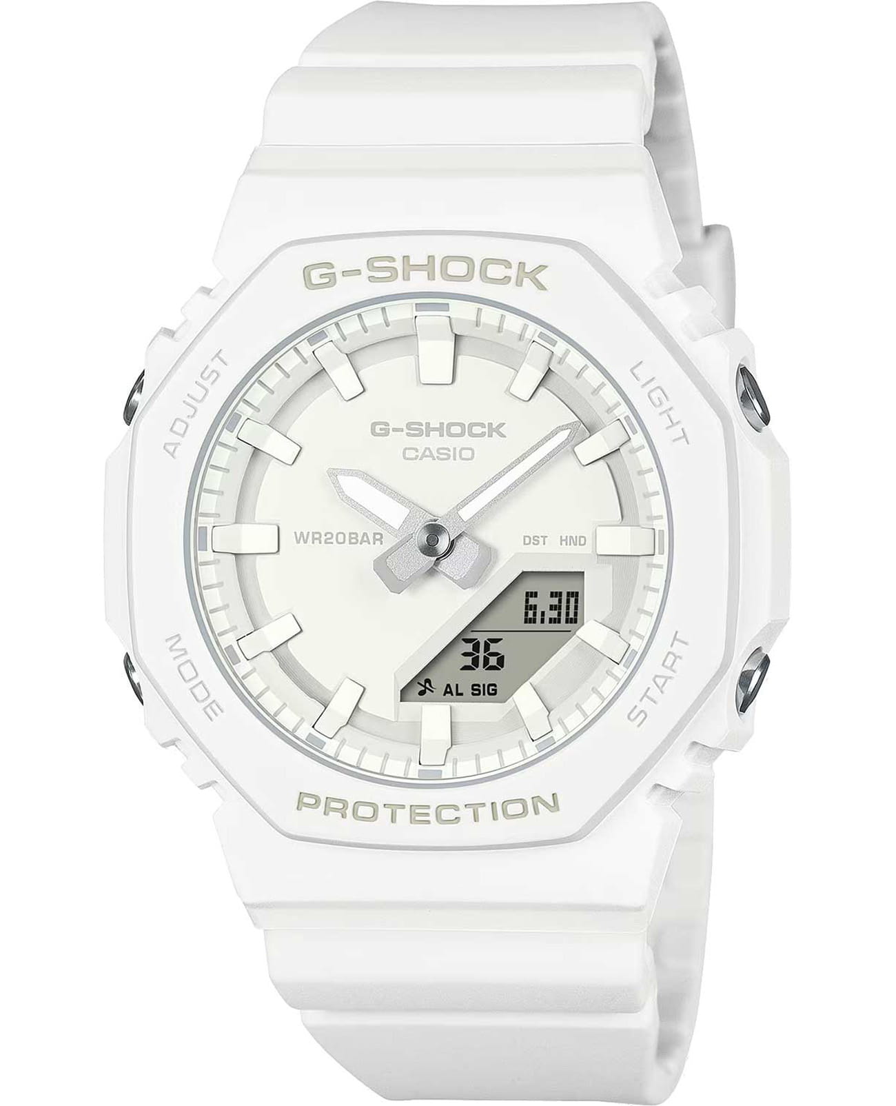 Casio Casio G-Shock GMA-P2100-7A  GMA-P2100-7A электронные женские часы белый циферблат, браслет пластик — вид спереди