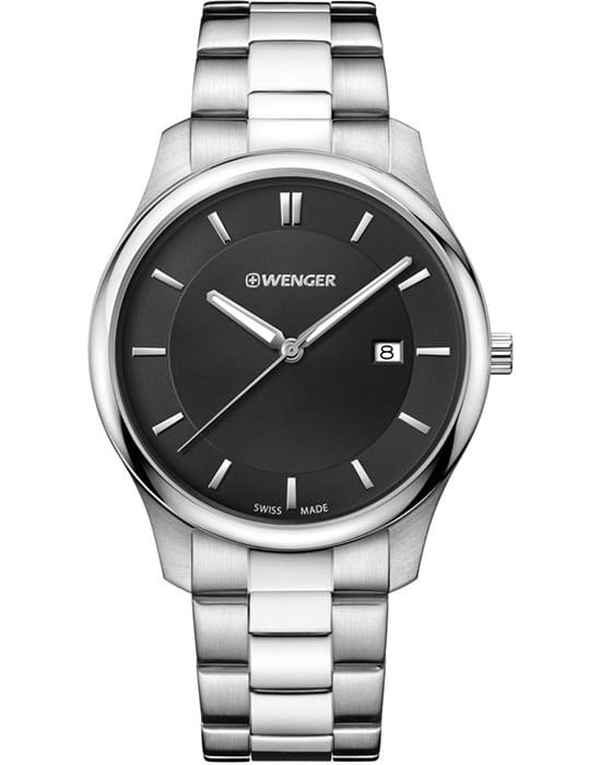 Wenger 01.1441.104  01.1441.104 кварцевые мужские часы черный циферблат, браслет нержавеющая сталь — вид спереди