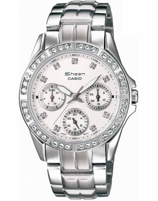 Casio Casio Sheen SHN-3013D-7A  SHN-3013D-7A кварцевые женские часы белый циферблат, браслет нержавеющая сталь + золото 18к — вид спереди