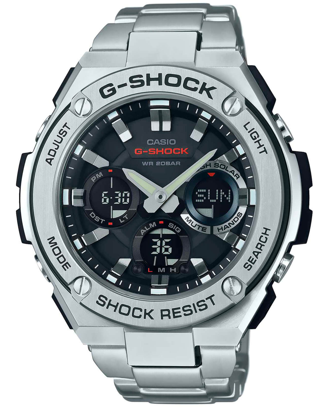 Casio Casio G-Shock GST-W110D-1A GST G-Steel GST-W110D-1A электронные мужские часы черный циферблат, браслет нержавеющая сталь — вид спереди