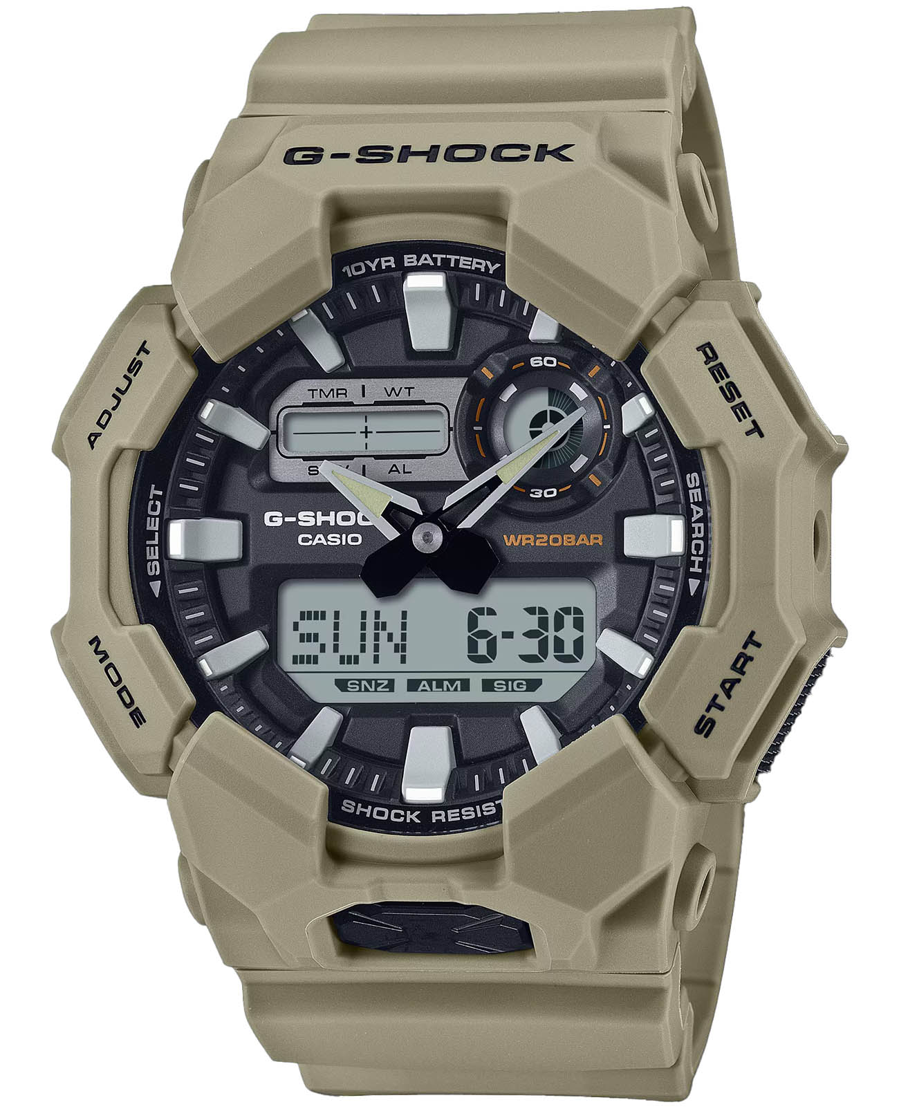 Casio Casio GA-010-5A  GA-010-5A кварцевые мужские часы черный циферблат, браслет пластик — вид спереди
