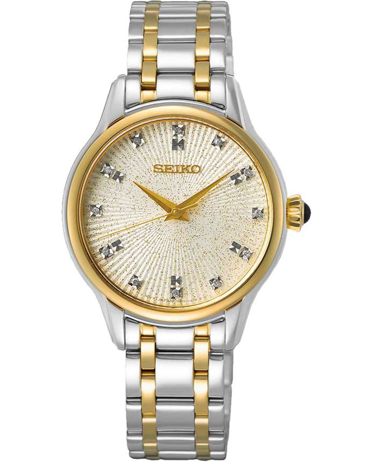 Seiko Seiko Discover More SRZ550P1  SRZ550P1 кварцевые женские часы бежевый циферблат, браслет нержавеющая сталь с pvd-покрытием — вид спереди