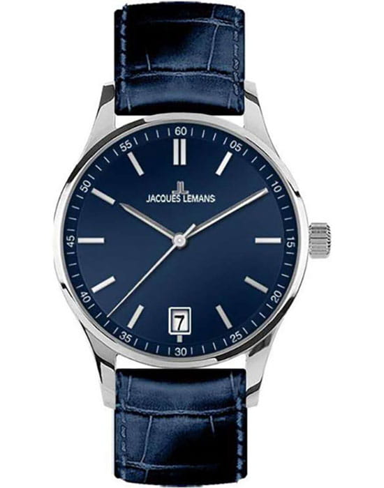 Jacques Lemans Jacques Lemans Classic 1-2027C  1-2027C кварцевые женские часы синий циферблат, браслет кожаный — вид спереди