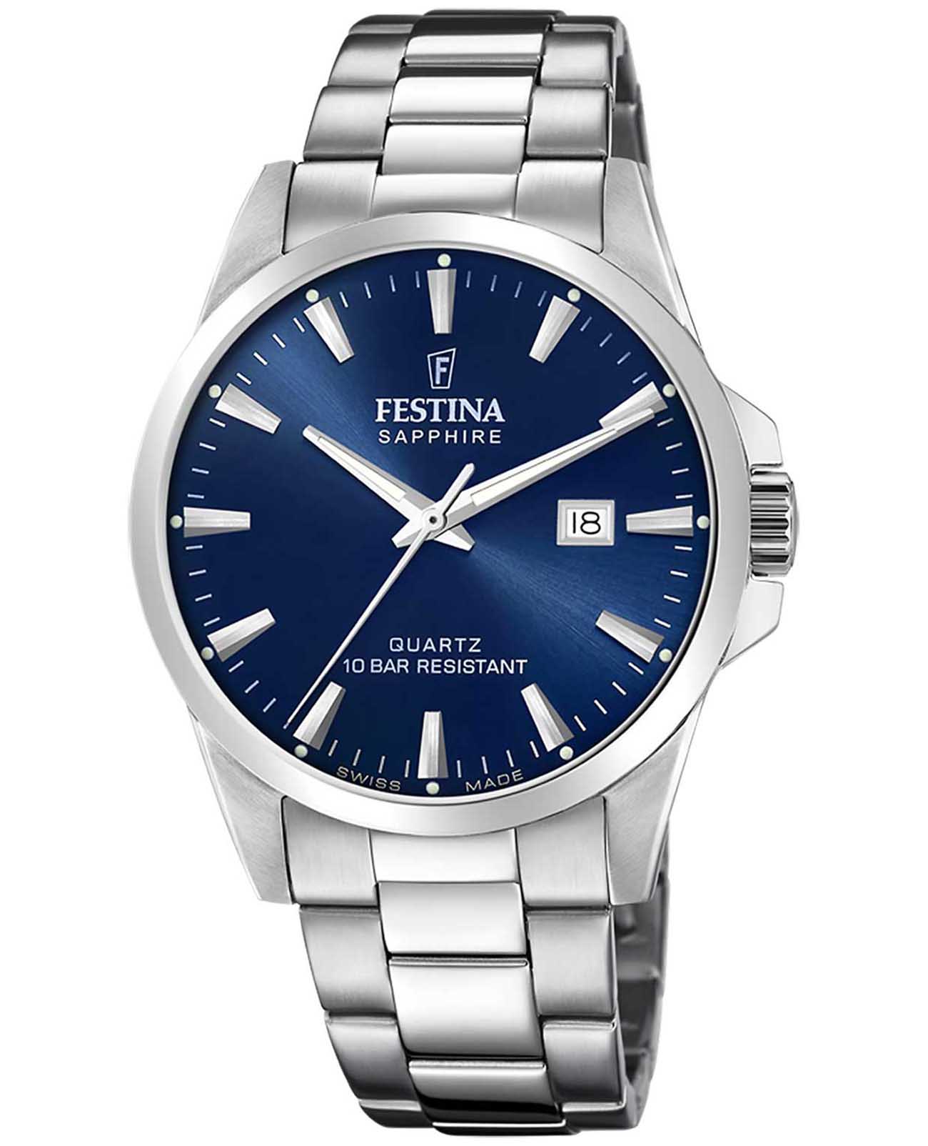 Festina Festina Swiss Made F20024/3  F20024/3 кварцевые мужские часы синий циферблат, браслет нержавеющая сталь 316l — вид спереди