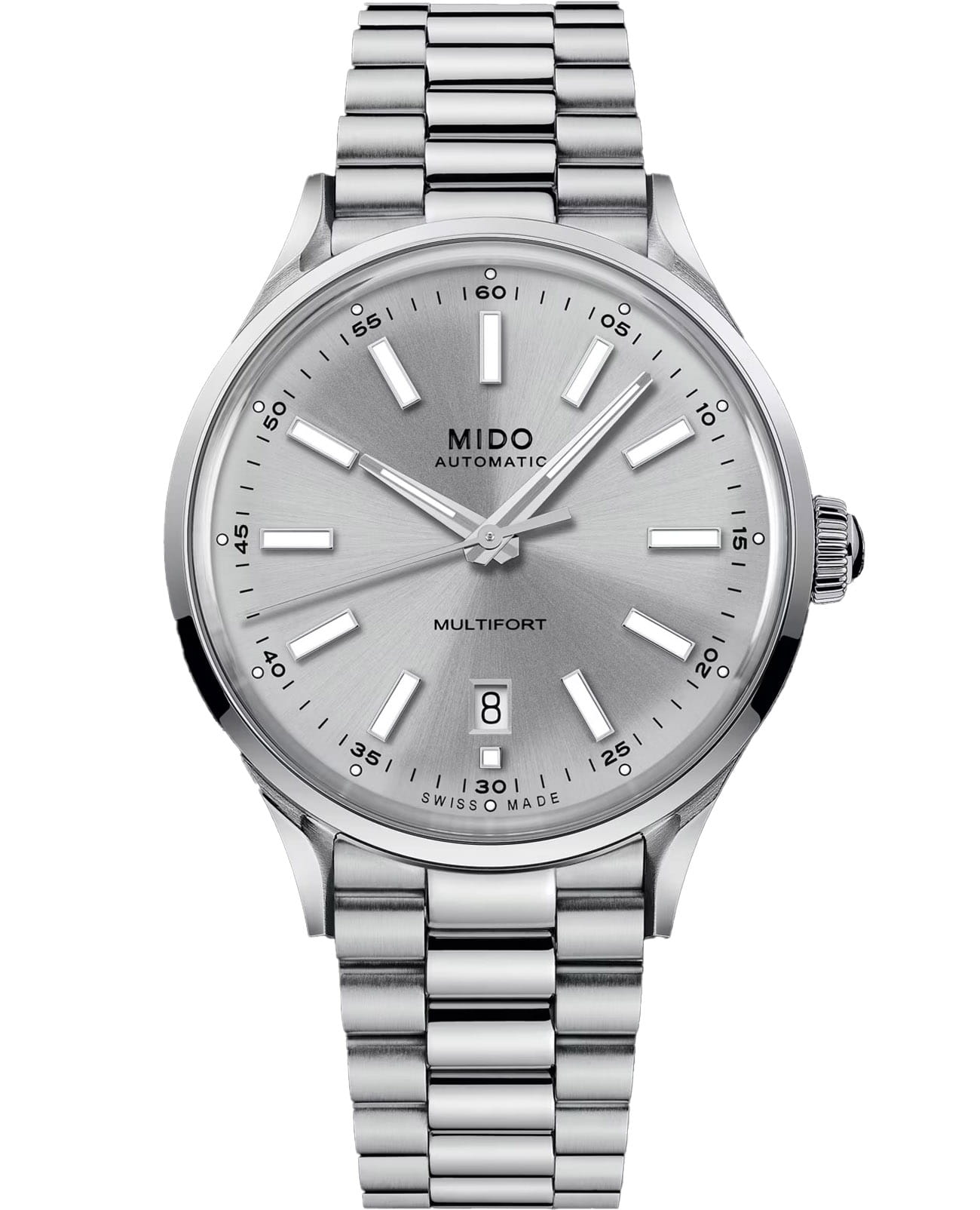 Mido Mido Multifort Patrimony Powerwind M040.407.11.031.00  M0404071103100 механические мужские часы серый циферблат, браслет нержавеющая сталь — вид спереди