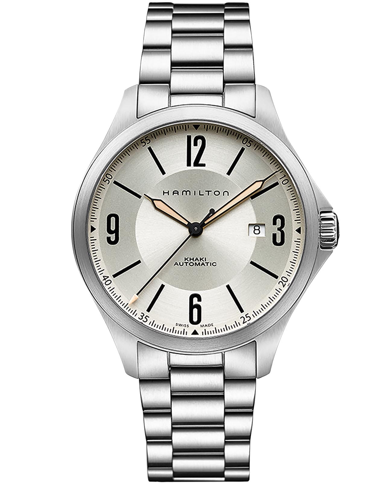 Hamilton Hamilton Khaki Aviation Auto H76665125  H76665125 механические мужские часы бежевый циферблат, браслет нержавеющая сталь — вид спереди