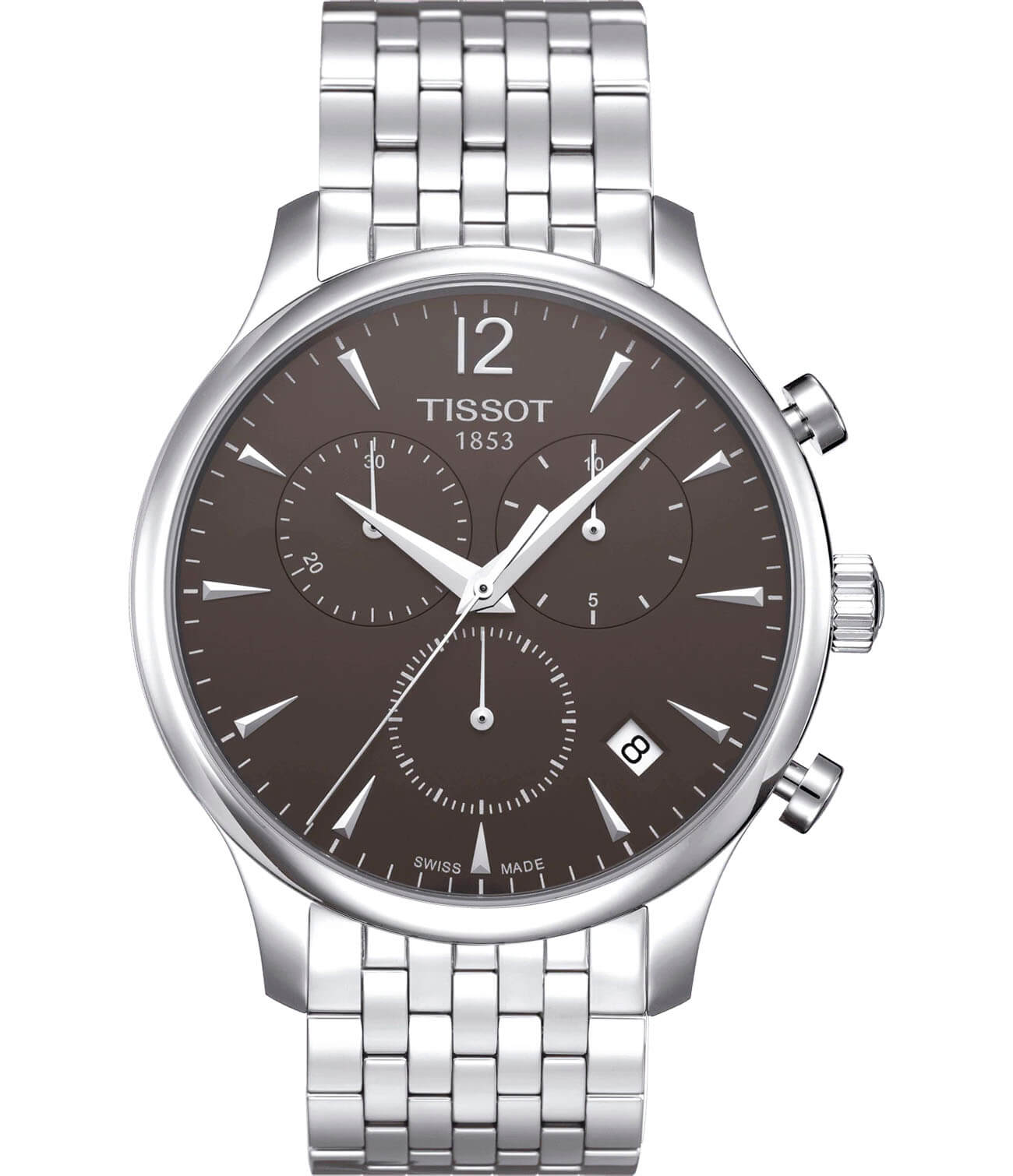 Tissot Tissot Tradition Chronograph T063.617.11.067.00 Tradition T0636171106700 кварцевые мужские часы серый циферблат, браслет нержавеющая сталь — вид спереди