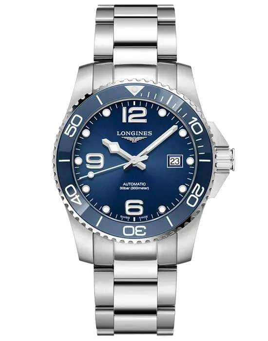 Longines Longines HydroConquest L3.781.4.96.6  L37814966 механические мужские часы синий циферблат, браслет нержавеющая сталь — вид спереди