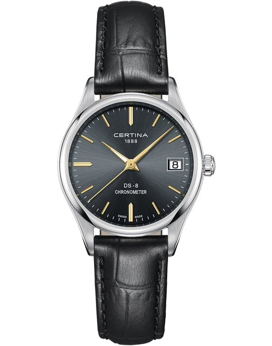 Certina Certina DS-8 Lady 30mm C033.251.16.351.01 DS 8 C0332511635101 кварцевые женские часы черный циферблат, браслет кожаный — вид спереди