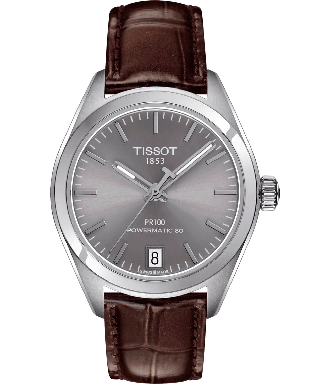 Tissot Tissot PR 100 Powermatic 80 Lady T101.207.16.071.00 PR 100 T1012071607100 механические женские часы серый циферблат, браслет кожаный — вид спереди