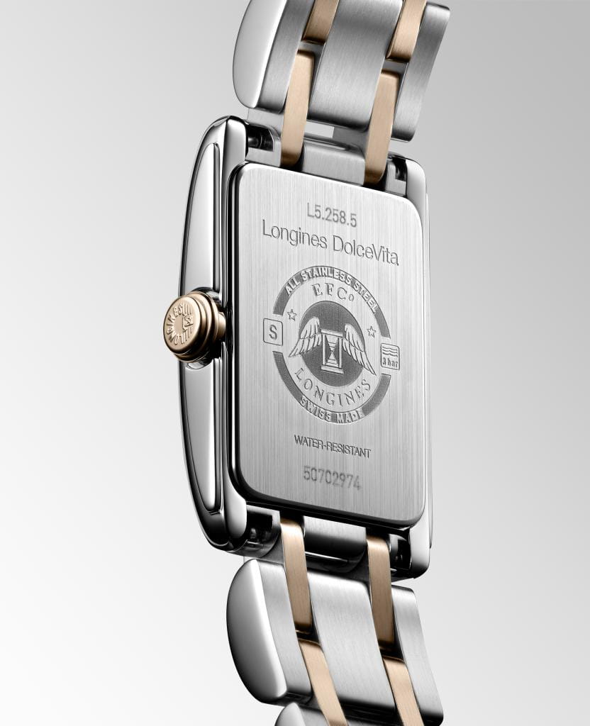 Longines Longines DolceVita L5.258.5.71.7, dolcevita швейцария женские часы на браслете нержавеющая сталь и 18 каратное розовое золото боковой вид